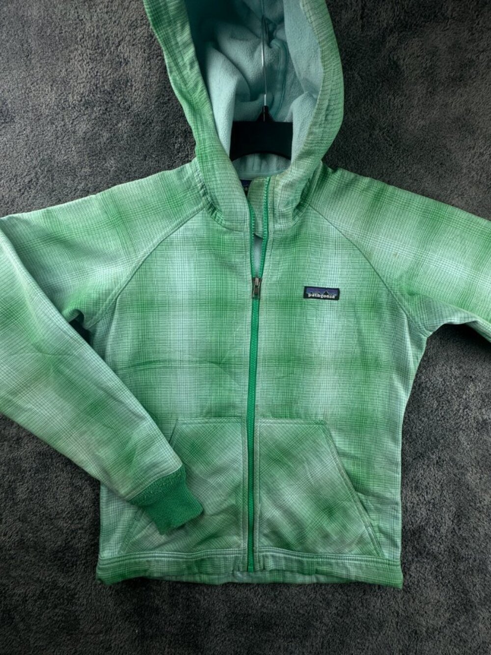 Patagonia Women Jacket Green Check Hoodie Fleece Lined XS Full Zip Hiking Adult